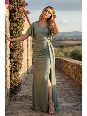 Clearance Sage Size 3XL Metallic High Slit Glitter Flutter Sleeve Gown By 5329